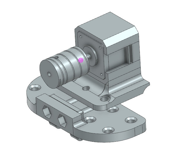 CAD model of a stepper motor mount with a grooved capstan drum on the motor shaft