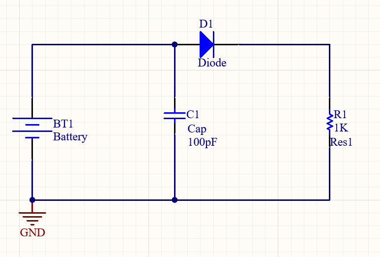 Altium schematic: battery, diode, 100 picofarad capacitor, and 1 kilohm resistor