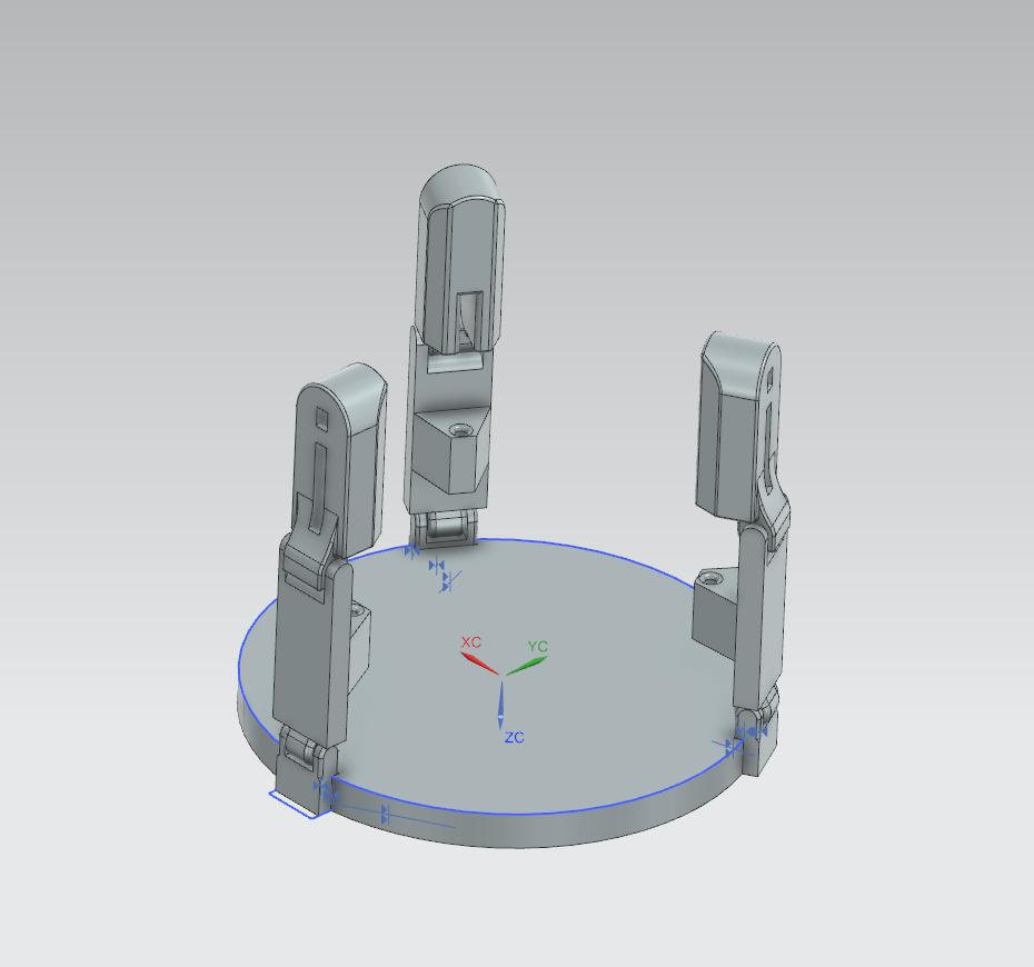 CAD render of three jointed robotic fingers standing on a circular base plate