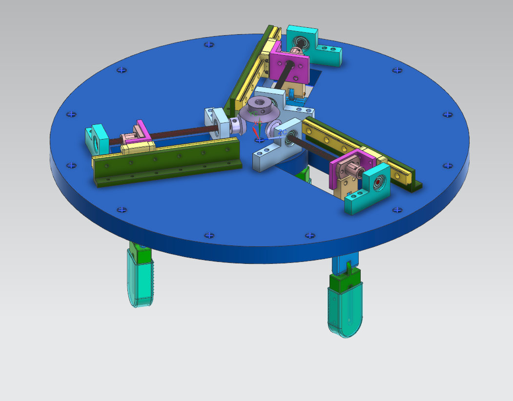 CAD render of a three-finger robotic gripper on a round plate, each finger mounted on a linear rail driven toward a central hub