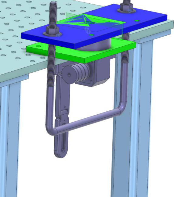 CAD model of the test rig: a plate on threaded rods holding a load cell above a hanging finger