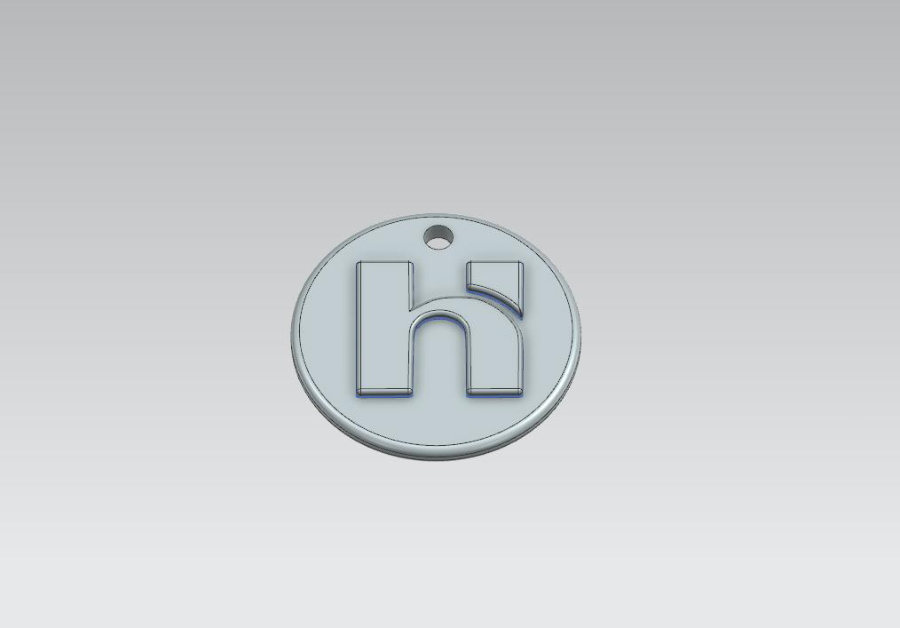 CAD model of a round keychain with a raised letter h