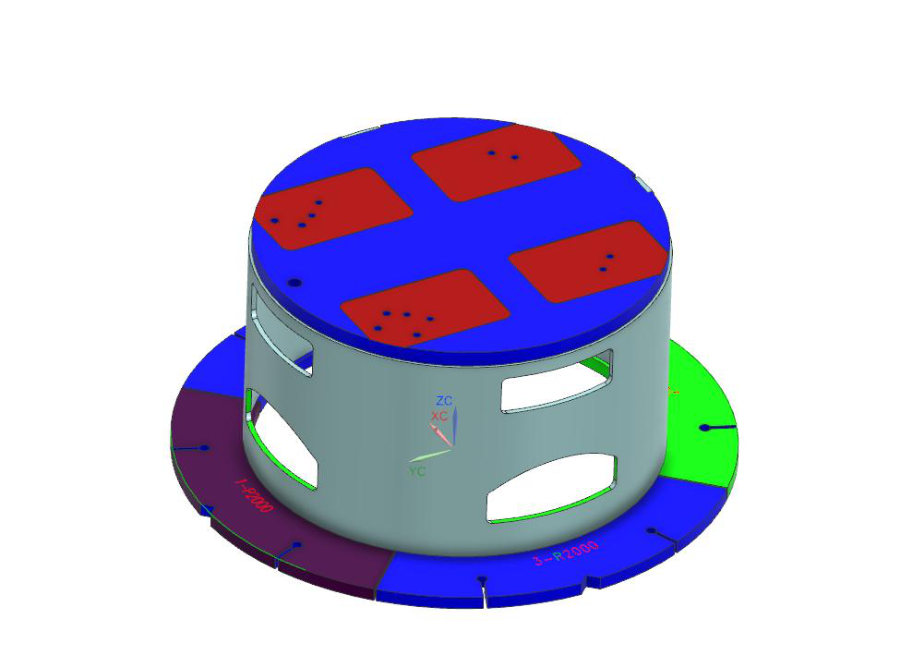Color-coded CAD model of a cylindrical robot riser with a top plate